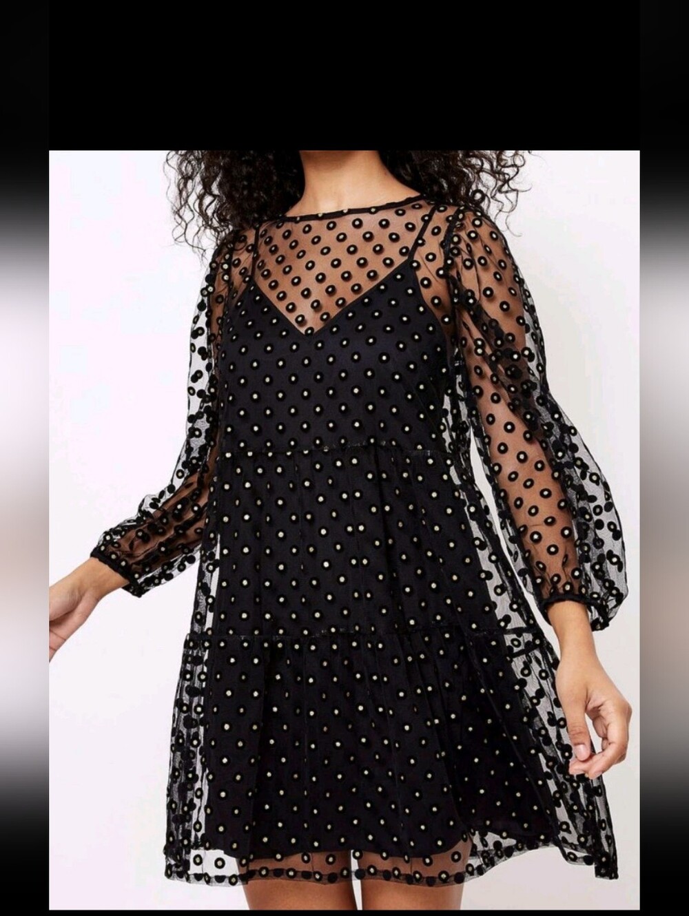 LOFT Black Sheer Polka Dot Tiered Long-Sleeve Dress